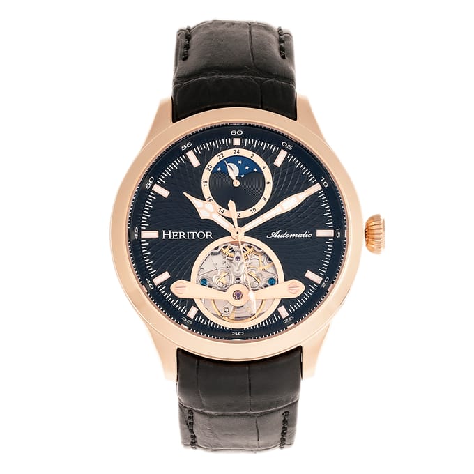 Heritor Automatic Gregory Semi-Skelet Horloge met Leren Band - Roségoud/Zwart