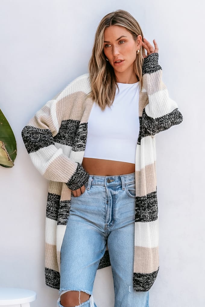 Gestreept open voorkant lange mouw Duster vest