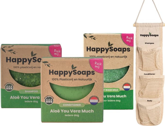 HappySoaps - 100% Plasticvrije Verzorgings Giftbox – Aloë Vera – 3 bars + bar-organizer