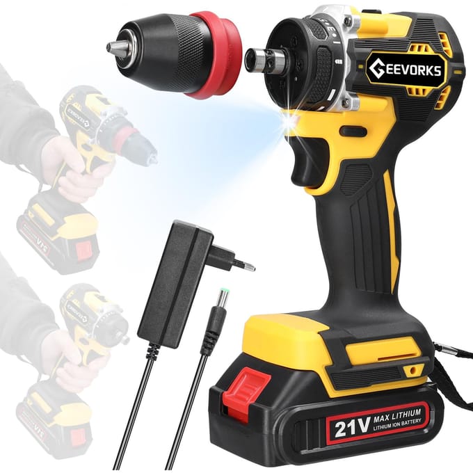 Geevorks 21V 2in1 lithiumboor elektrische schroevendraaier multifunctioneel elektrisch gereedschap met hoog koppel 1pcs battery EU Plug