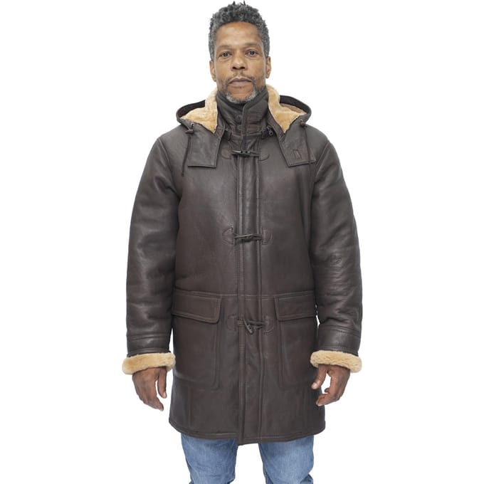 Duffelcoat van schapenvachtleer voor heren met capuchon-Hanko