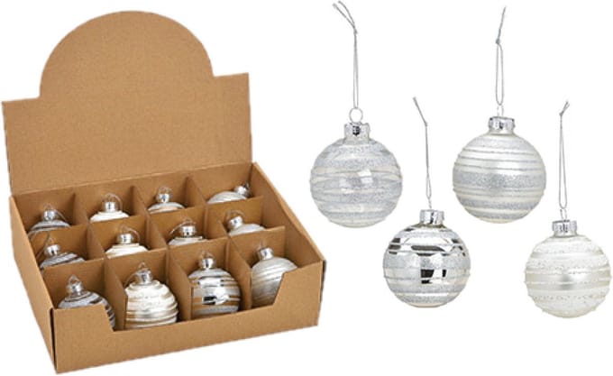G. Wurm Kerstballen set - 12x stuks - glas - zilver - luxe gedecoreerd - 6 cm - kerstversiering
