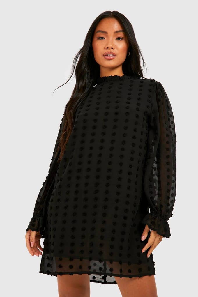 boohoo Dames Petite Dobby Textured High Neck Shift Dress | Zwart | Maat: 40