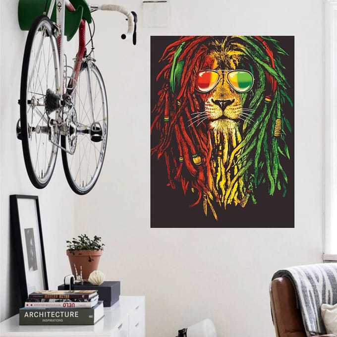 Allernieuwste Canvas Schilderij Grappige Rasta Reggae Leeuw - Kleur - Poster - Print - 50 x 75 cm