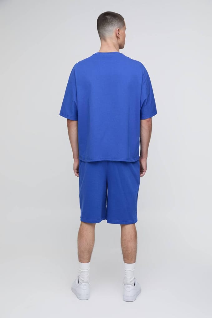 Oversized Panelled Man Embroidered T-Shirt and Short Set | Cobalt | Size Medium