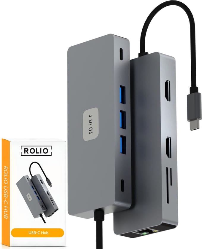 Rolio USB C Hub - Dual HDMI - 1x Ethernet 1Gbps - 3x USB 3.0 - 2x USB-C - 2x SD/TF Kaarten