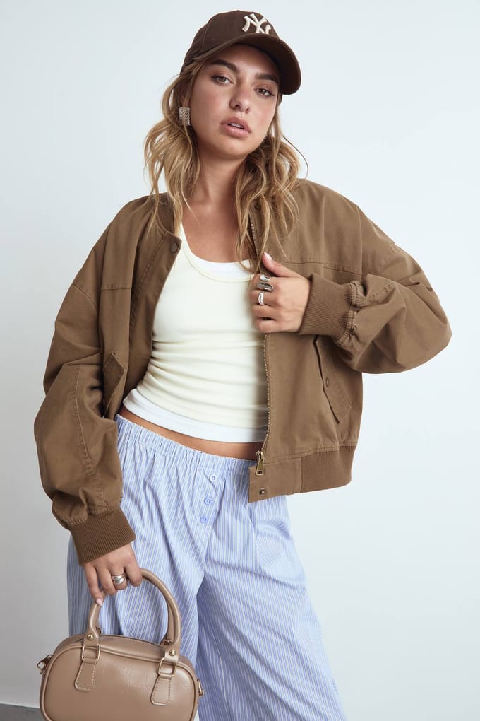 boohoo Dames Bomberjack zonder kraag | Coffee | Maat: 10
