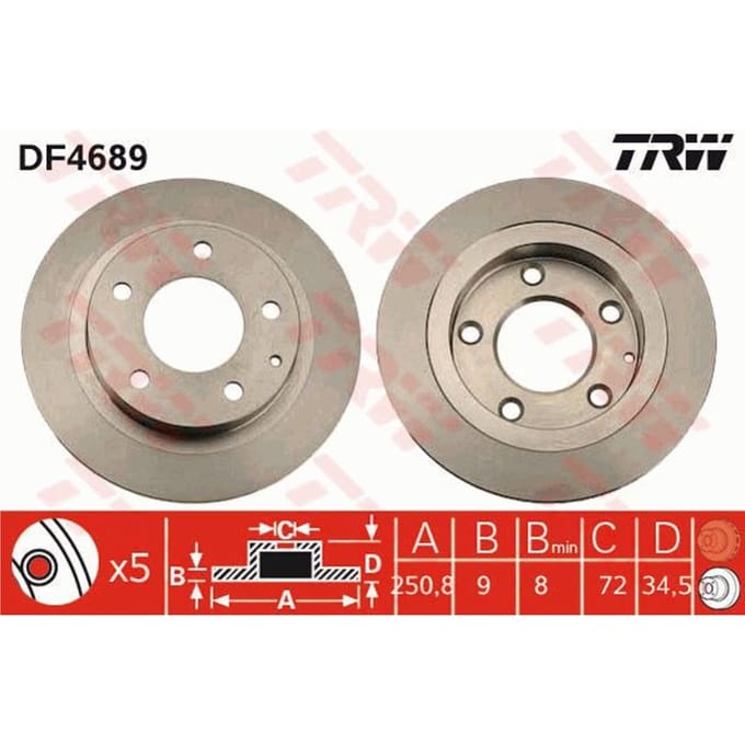 Remschijf TRW DF4689 achter, volledig, 1 Stuk
