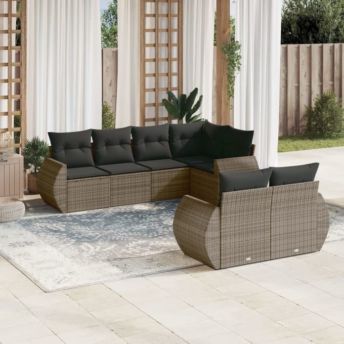 vidaXL - 7-delige - Loungeset - met - kussens - poly - rattan - grijs