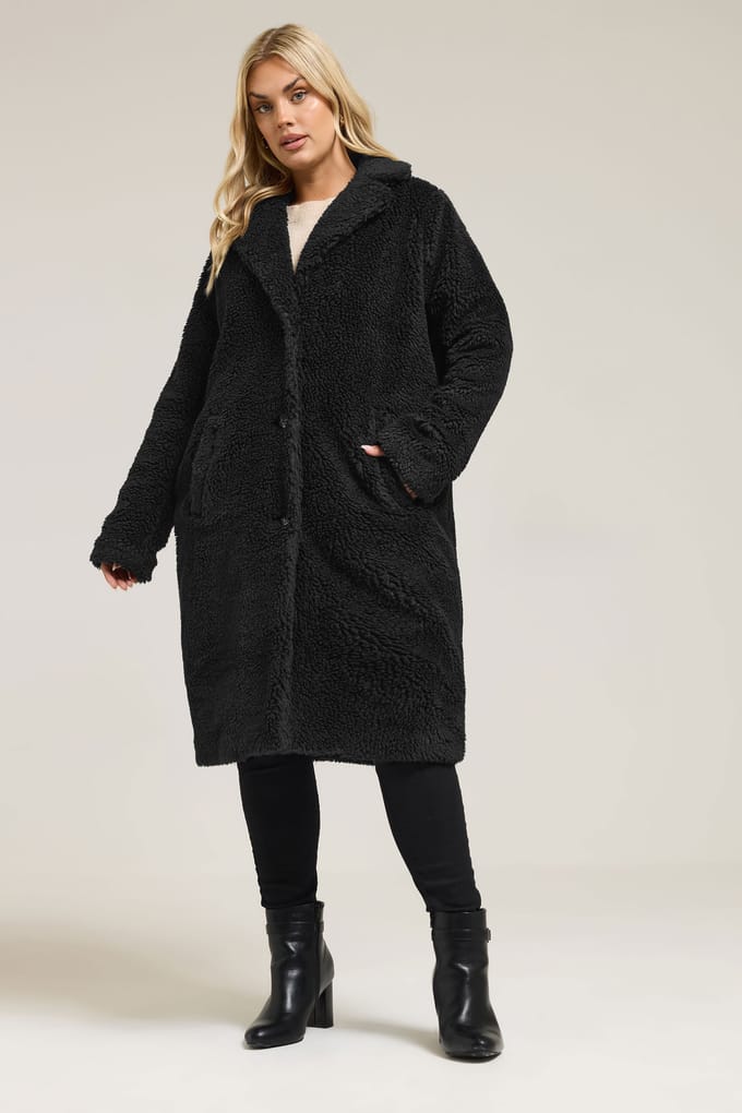 Yours Zwarte Teddy Borg Midi Jas Size 48