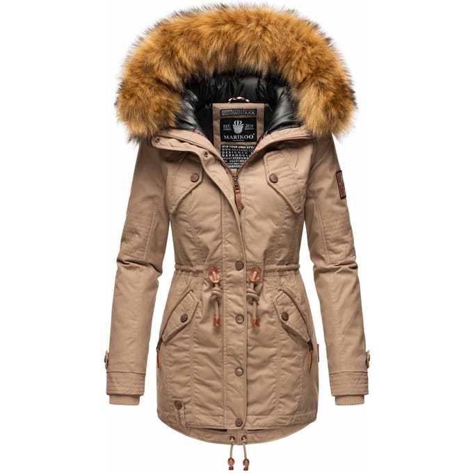 Marikoo dames winterjas met afneembare imitatiebontkraag & taillekoord