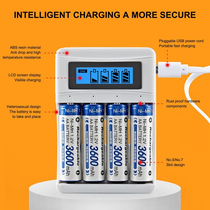 4-Slot Batterijlader met LCD-scherm voor AA AAA Ni-MH Oplaadbare Batterijen Slim Oplaadbaar wit