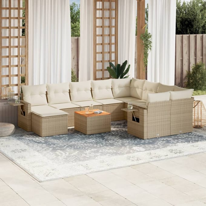 vidaXL - 11-delige - Tuinset - met - kussens - poly - rattan - beige