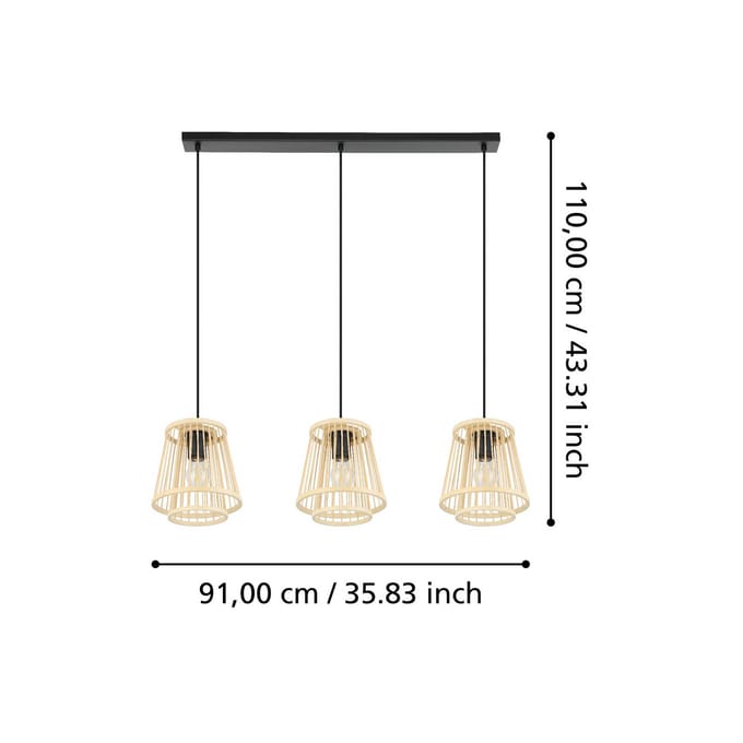 EGLO Hykeham Hanglamp - E27 - 91 cm - Staal|Bamboe - Zwart|Bruin
