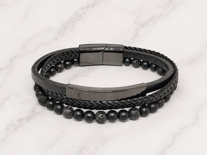 Mei's - Hide Onyx Leather - armband heren - leer/RVS zwart - polsmaat 18 cm