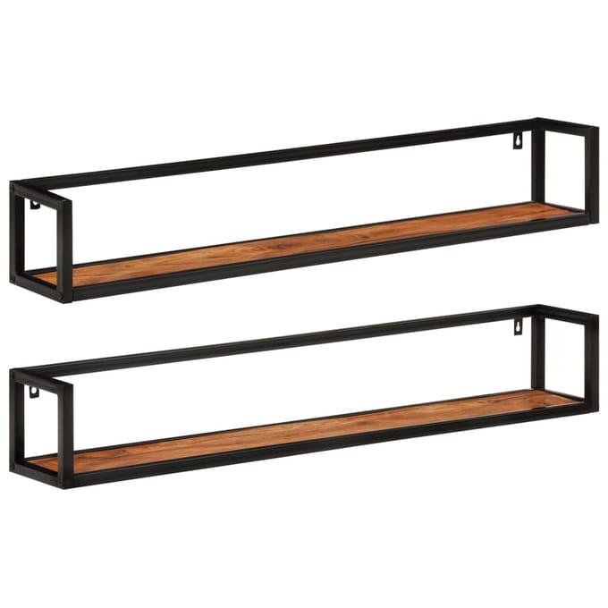 vidaXL - Wandschappen - 2 - st - 110x17x17 - cm - massief - acaciahout - en - ijzer