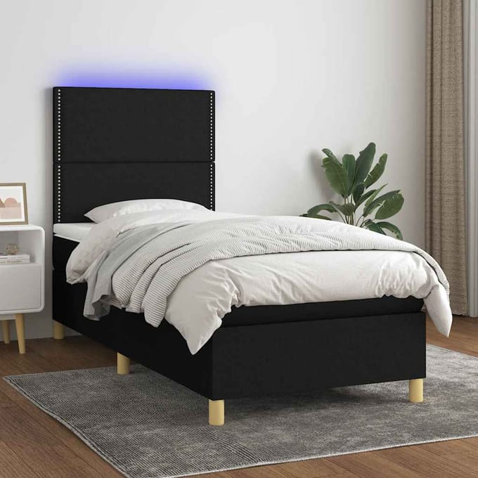 vidaXL - Boxspring - met - matras - en - LED - stof - zwart - 90x200 - cm