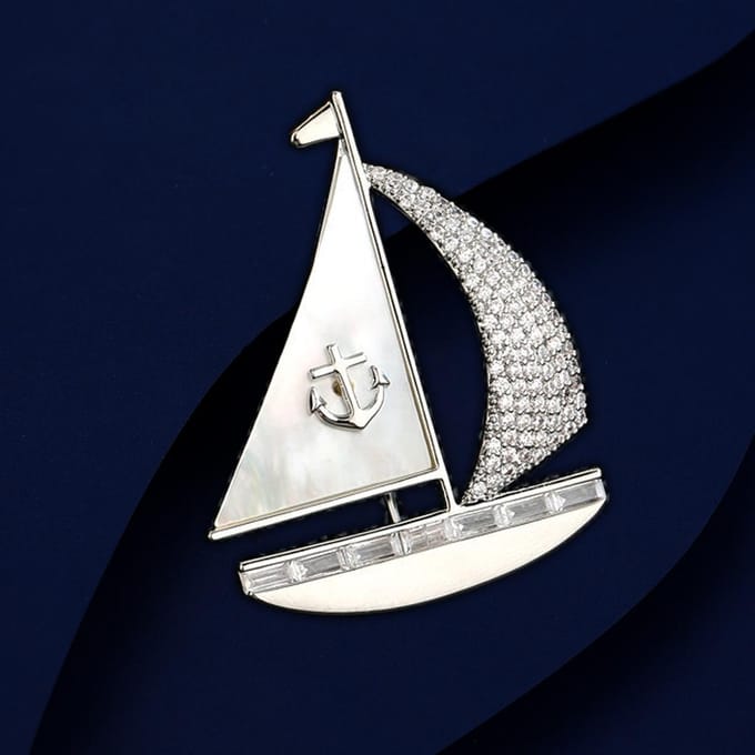 Creatief ontwerp van herfst- en winterkleding Zeilboot Broche Kunstmatige Parelmoer Koper Micro Ingelegde Zirkoon Broche white