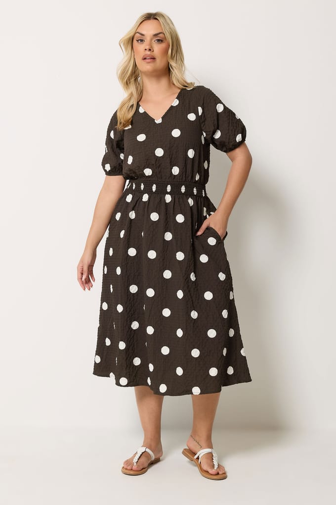 Yours Bruine Midaxi Smockjurk Met Polkadot Size 54-56
