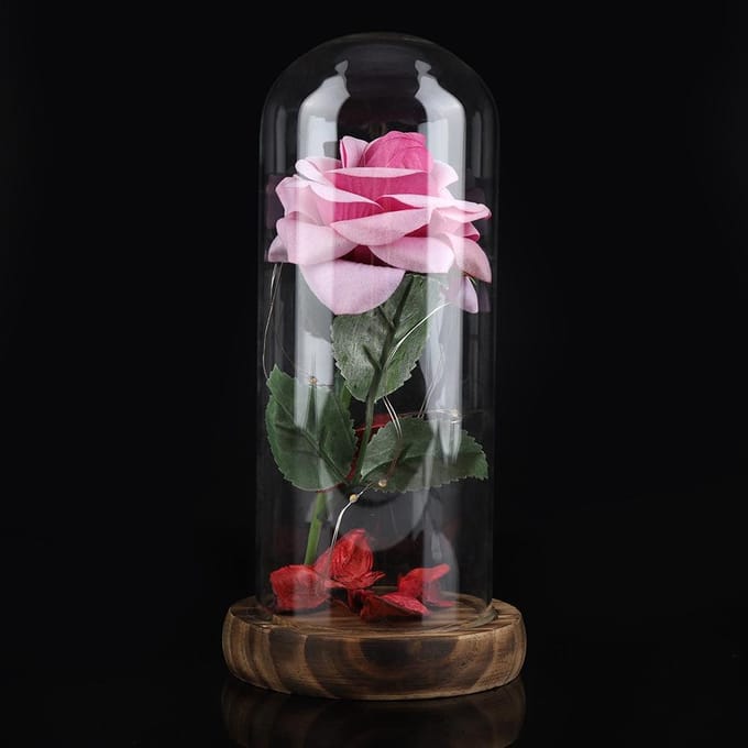 Geconserveerde Roos Bloem LED Licht met Glazen Koepel & Houten Basis Valentijnsdag Huwelijksgeschenk Roze gray