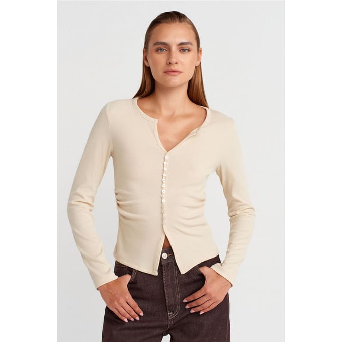 Slim Fit Geribbelde Blouse met Knopen aan de Voorkant