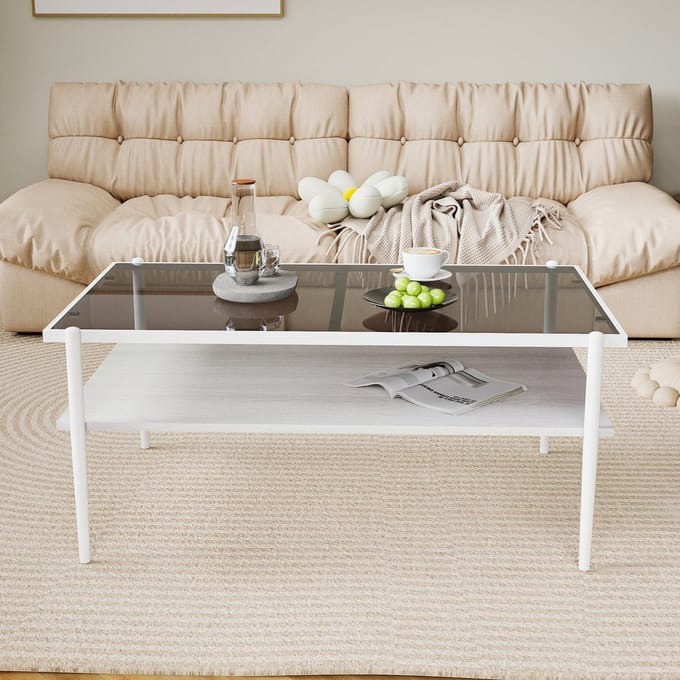 REDOM - Salontafel - Gehard Glas En MDF - Modern - Voor Woonkamer - Grijs En Wit