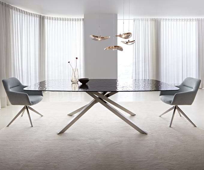 Eetkamertafel Edge Boot Glas smelten rokerig zwart 3D-Relief 240x120 kruisframe rechthoek RVS