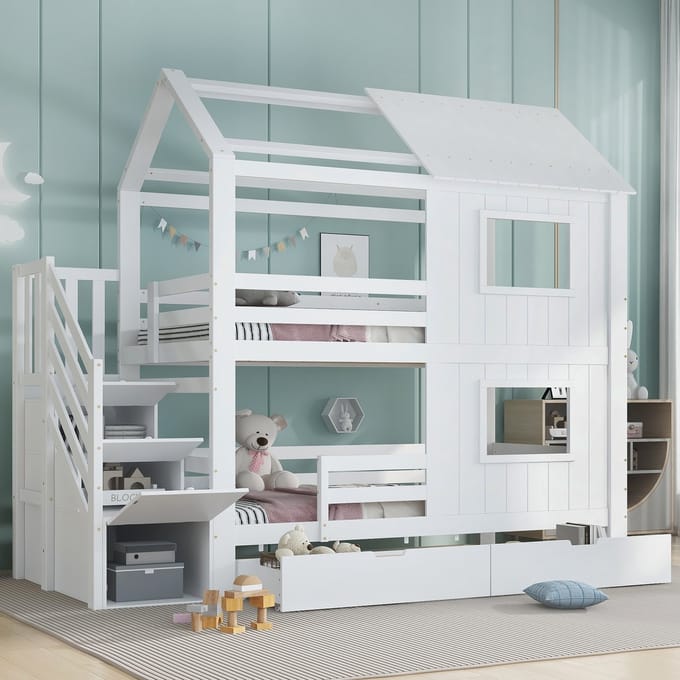 PHOEBE CAT Stapelbed - 90x200cm - Kinderbed - 2 lades - Huisontwerp - Grenenhout + MDF - Wit