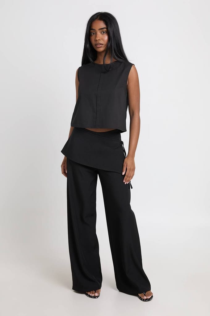 boohoo Dames Wijde Pantalon Met Rok Overlay | Black | Maat: 14
