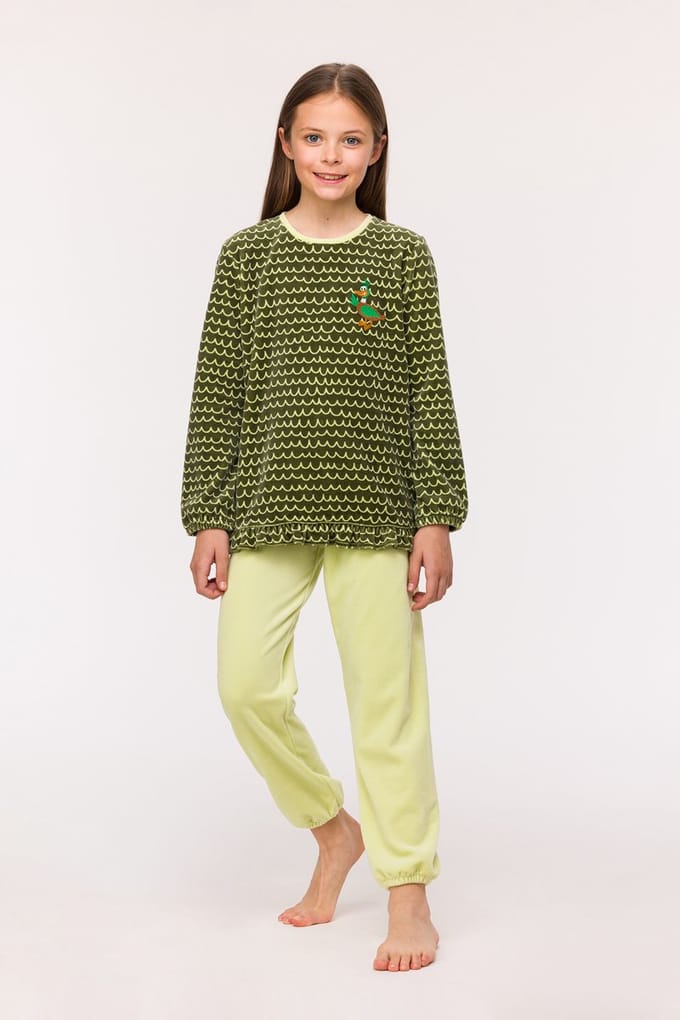 Woody - Meisjes-Dames Pyjama in velours - Groene golfjes - 10 jaar/140