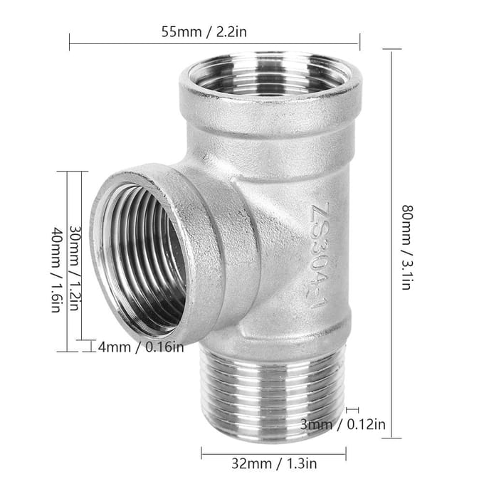 T-stuk Koppeling 3-weg G1in 304 RVS Pijpfittingen Hardware Benodigdheden