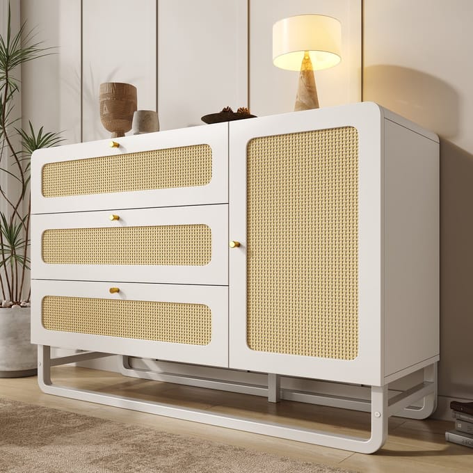 Ladenkast - H85xB120xD40 cm - 3 Laden + 1 Deur - Verstelbare Planken - Rattan & Metaal - Wit