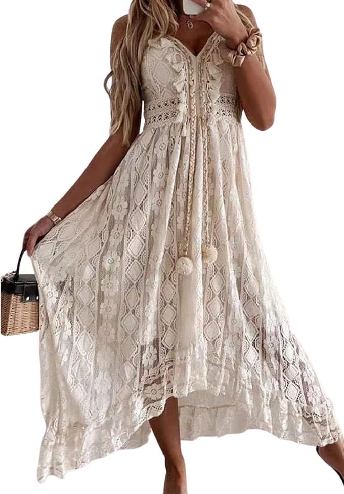 Dames Mouwloze Maxi Jurk met V-Hals, Ruches en Strikdetail