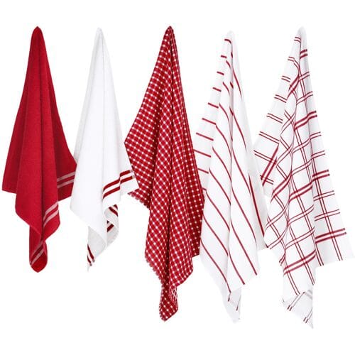 W5 Theedoek- en handdoekset, 5-delig. (Rood/grijs)