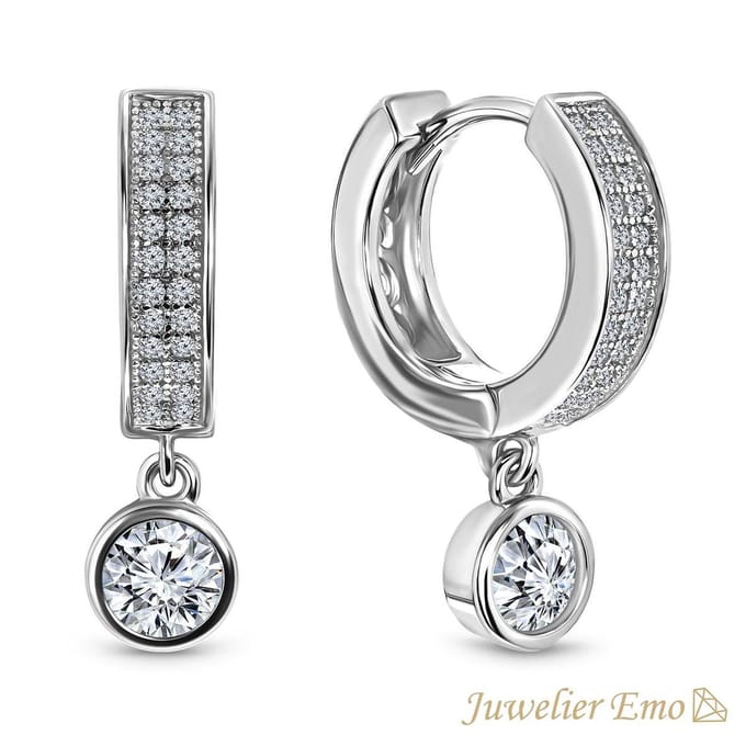 Bedel Oorbellen Zilver met grove Zirkonia steen – Diameter 16 MM