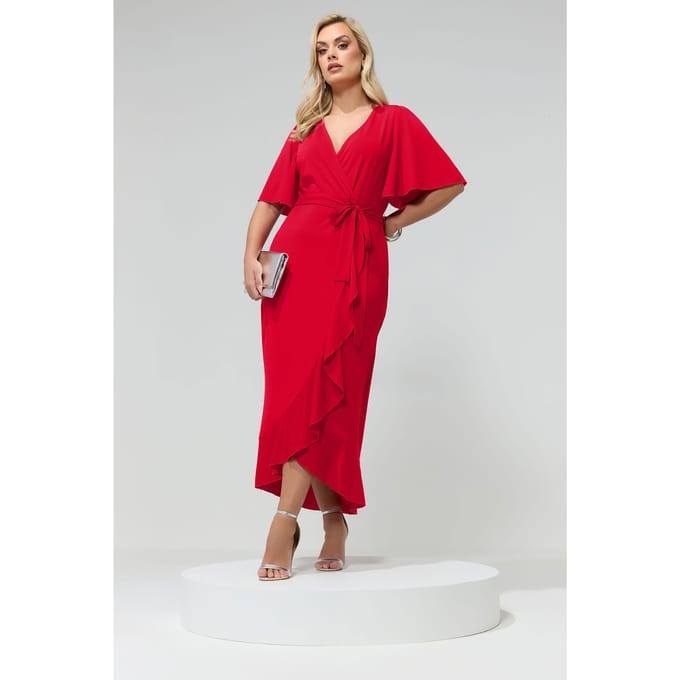 Yours London Rode Wikkelmaxijurk Met Korte Mouwen En Ruches Size 52