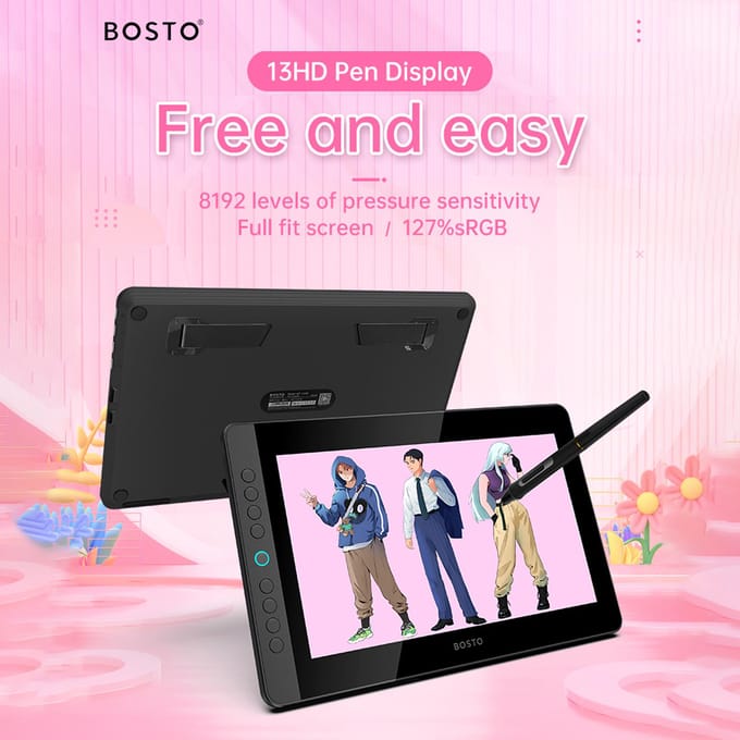 BOSTO BT-13HDK Draagbare Grafische Tekentablet 13,3 Inch H-IPS LED-Scherm Weergave Digitale Kunst zwart
