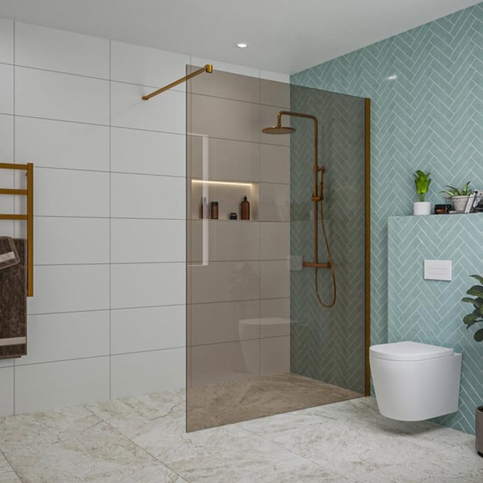 FugaFlow Eccelente Vetro inloopdouche badkamer - 140x200cm - rookglas - wandarm - geborsteld koper