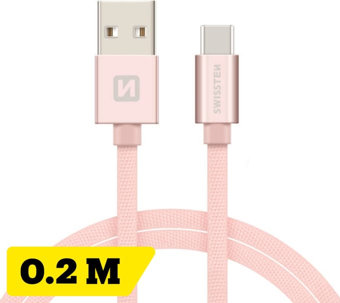 Swissten Korte USB-C naar USB-A Kabel - 20cm - Gevlochten Nylon - Oplaadkabel & Datakabel - Roze