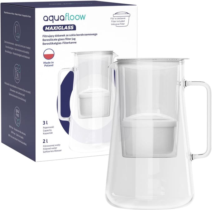 Aquafloow Waterfilterkan 3L glas - met 1 Waterfilter - Vermindert Kalk en Chloor