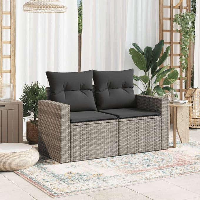 vidaXL - Tuinbank - 2-zits - met - kussens - poly - rattan - grijs