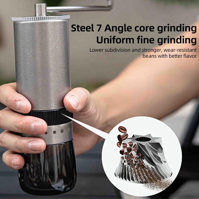 Moulin à café manuel en acier inoxydable CNC, 5 réglages réglables, portable argenté