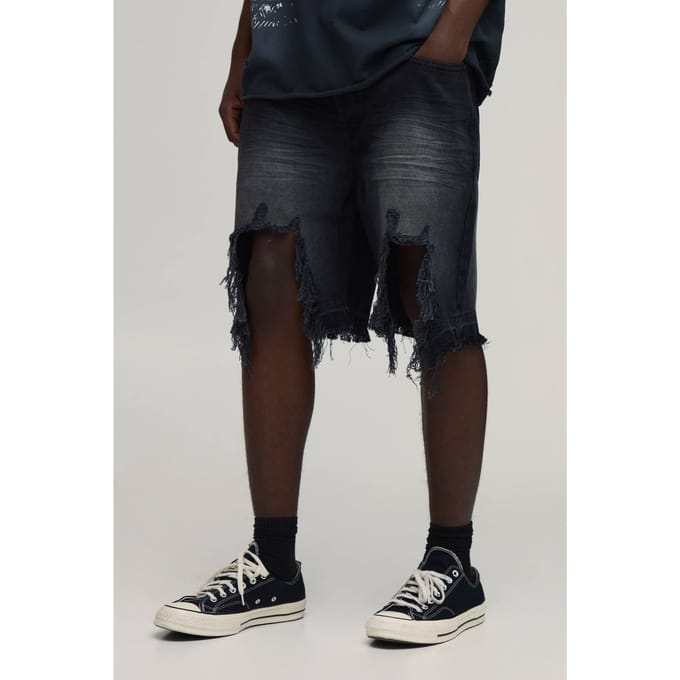 Relaxed Fit Stijve Extreem Gescheurde Denim Shorts | Washed Black | Size 32