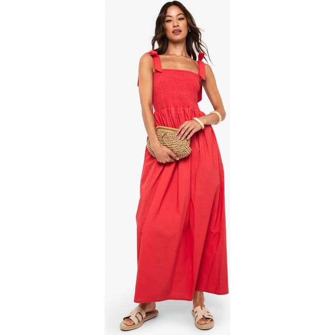 boohoo Dames Lange strikband gerimpelde popeline maxi-jurk | Rood | Maat: 46