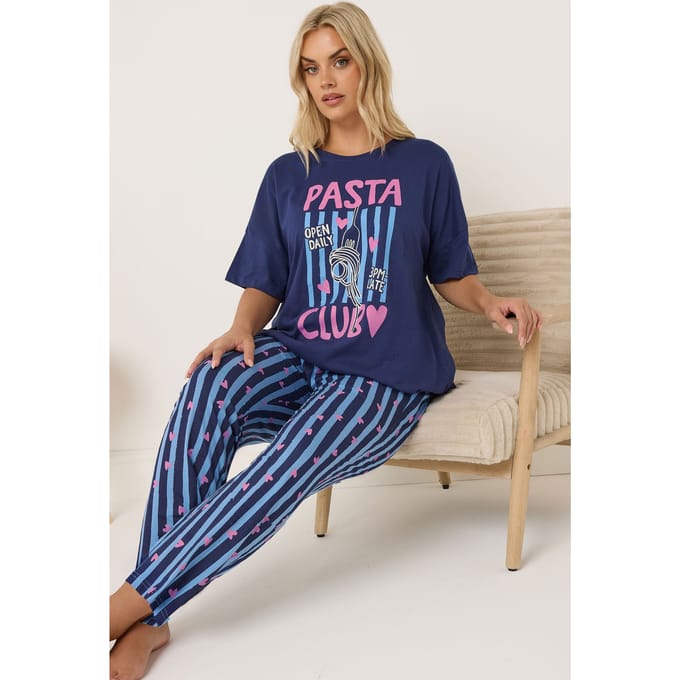 Yours Marineblauwe Pasta Club Wijde Gestreepte Pyjama Set Size 58-60