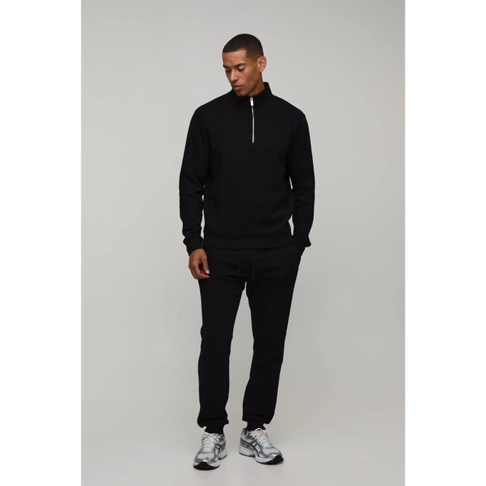 Regular 1/4 Rits Funnel Sweatshirt En Slim Leg Joggingbroek | Black | Size XS