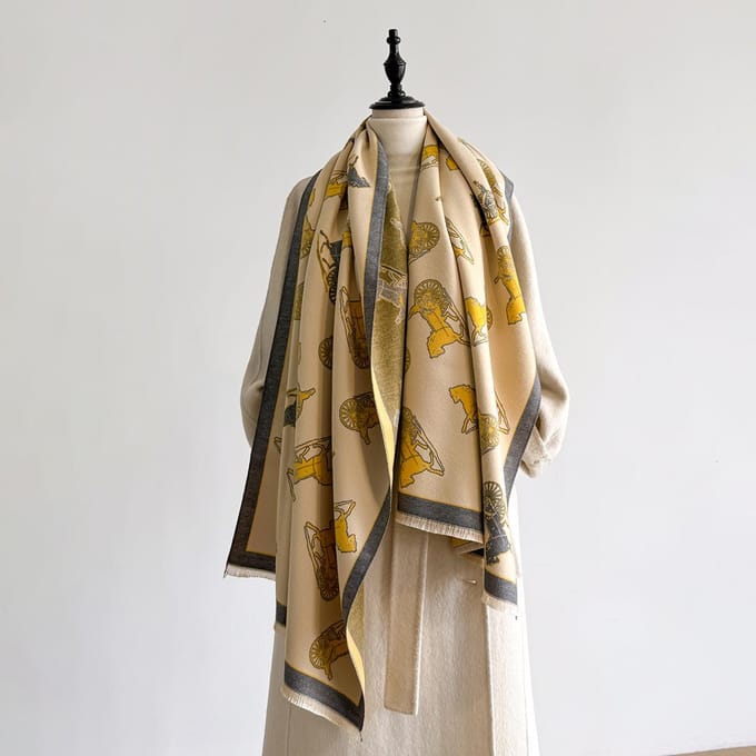 Retro Paardenprint Kasjmier Sjaal Herfst Winter Dik Warm Luxe Designer Sjaal Wrap Poncho Echarpe Pashmina Bufanda beige
