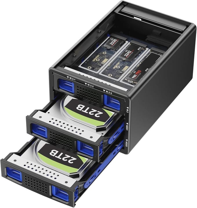 Hybride 2 x 3.5 RAID HDD + 3 M.2 NVMe Behuizing met Ventilator - Ondersteunt 63TB en USB A/C 3.2 Gen 2