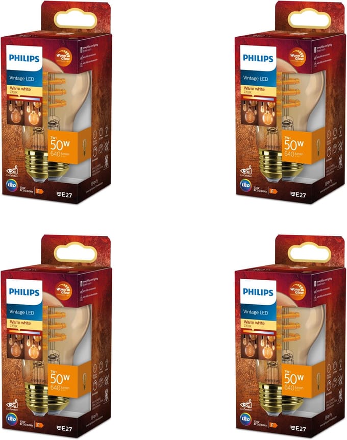 Philips Voordeelverpakking - E27 - WarmGlow - LED Standaard lamp - Mat - 50W - Amber - Dimbaar - Warmwit Licht - Set van 4 Stuks
