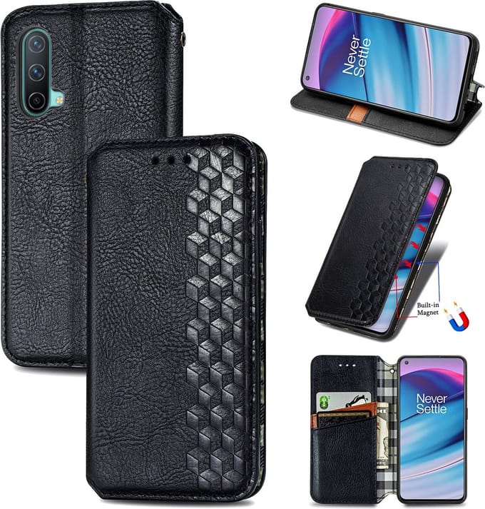 Luxe PU Lederen Ruitpatroon Wallet Case + PMMA Screenprotector voor OnePlus Nord CE 5G _ Zwart